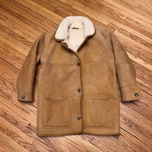 VTG 90s LL BEAN Sheepskin Shearling Lined Rancher Farm Coat Medium Suede Leather